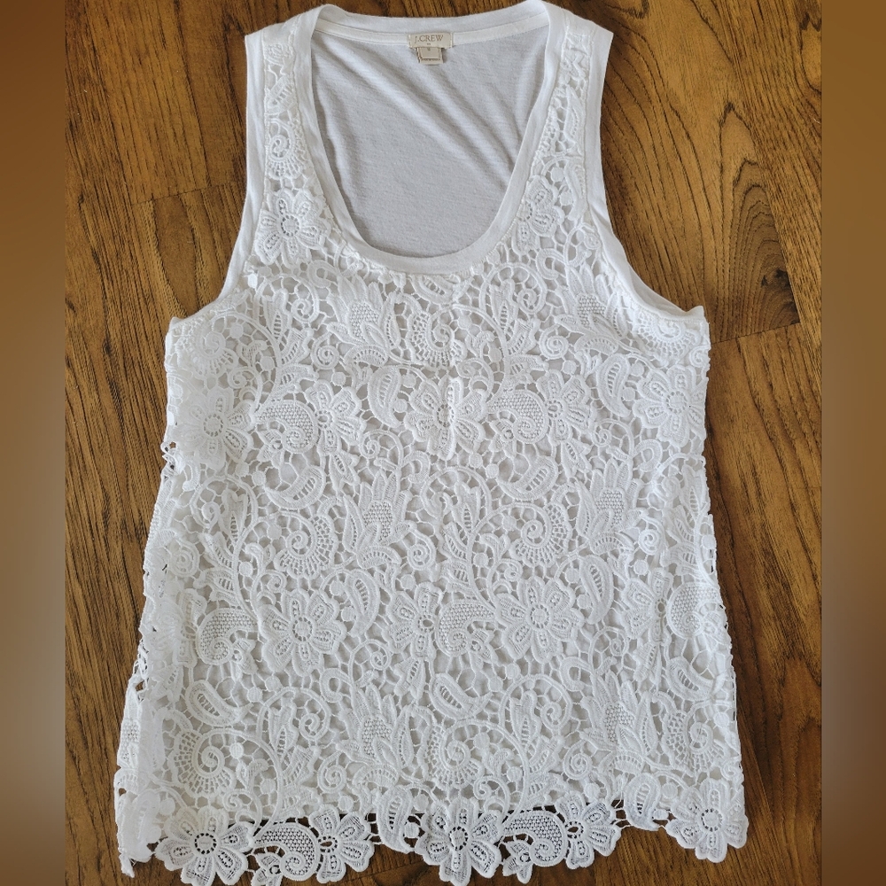 J. Crew White Floral Lace Overlay Tank